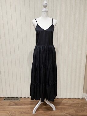 Tommy Hilfiger Black V-Neck Tiered Maxi Slip Dress with Spaghetti Straps